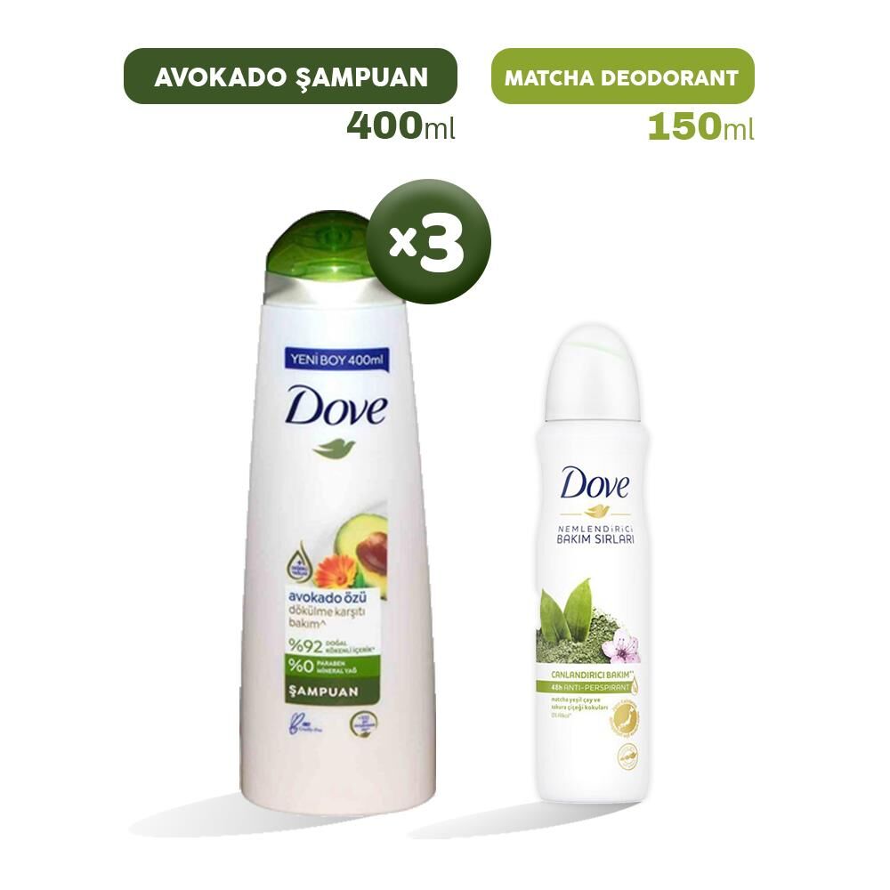 Dove Şampuan Avokado Özü 400 ml x 3 ve Matcha Kadın Deodorant
