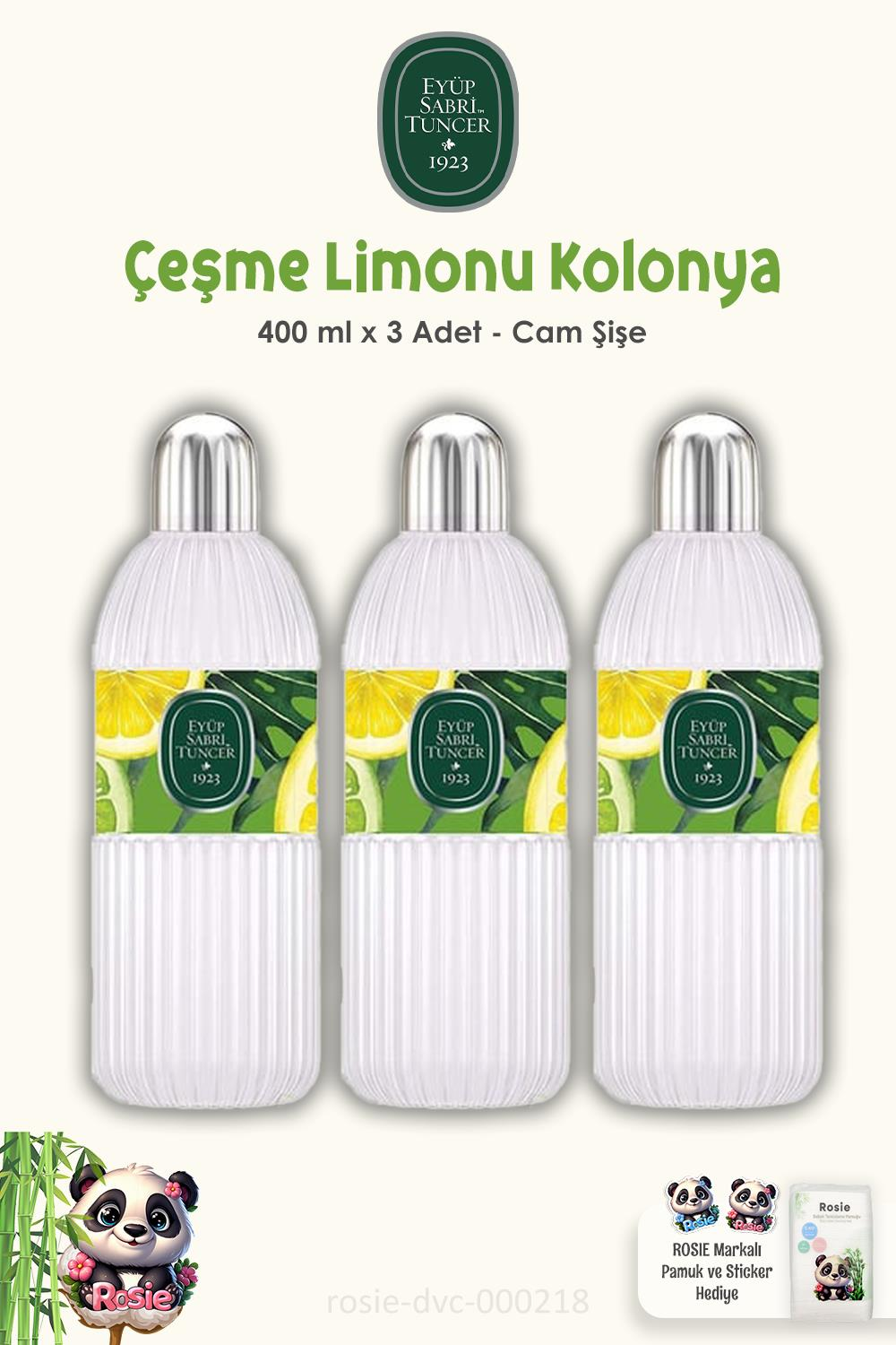 Eyüp Sabri Tuncer Çeşme Limonu Kolonyası Cam Şişe 3'lü 400 ml ve ROSIE Pamuk