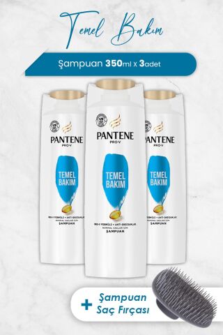 Pantene Şampuan Pro-V Temel Bakım 350 ml x 3 Adet ve Şampuan Fırçası