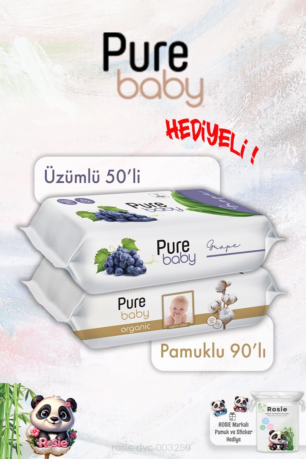 Üzümlü 50'li Bebek Islak Mendil Pure Baby Organik Pamuk 90'lı ve ROSIE
