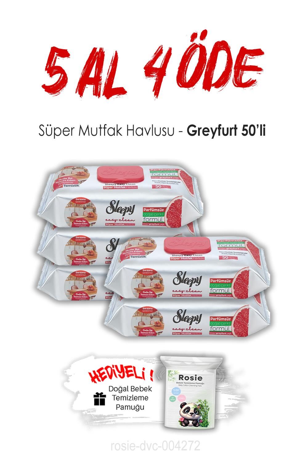 5 AL 4 ÖDE Sleepy Greyfurtlu Süper Mutfak Havlusu 50'li ve ROSIE