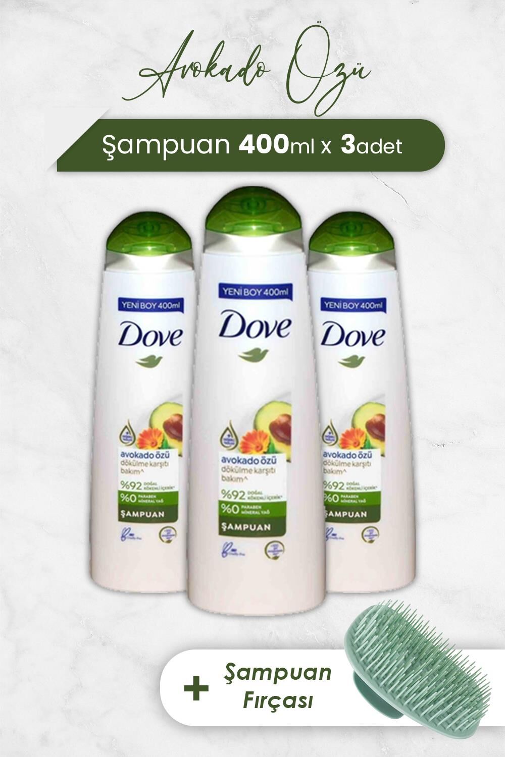 Dove Saç Bakım Şampuanı Avokado Özü 400 ml x 3 Adet ve Şampuan Fırçası