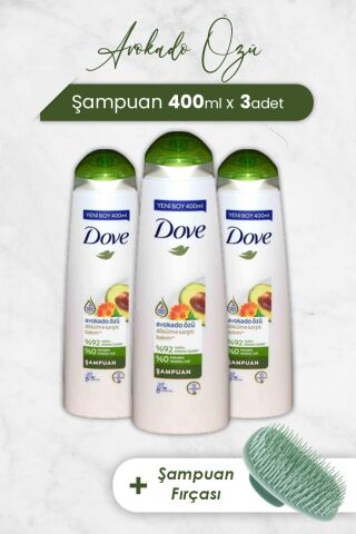 Dove Saç Bakım Şampuanı Avokado Özü 400 ml x 3 Adet ve Şampuan Fırçası