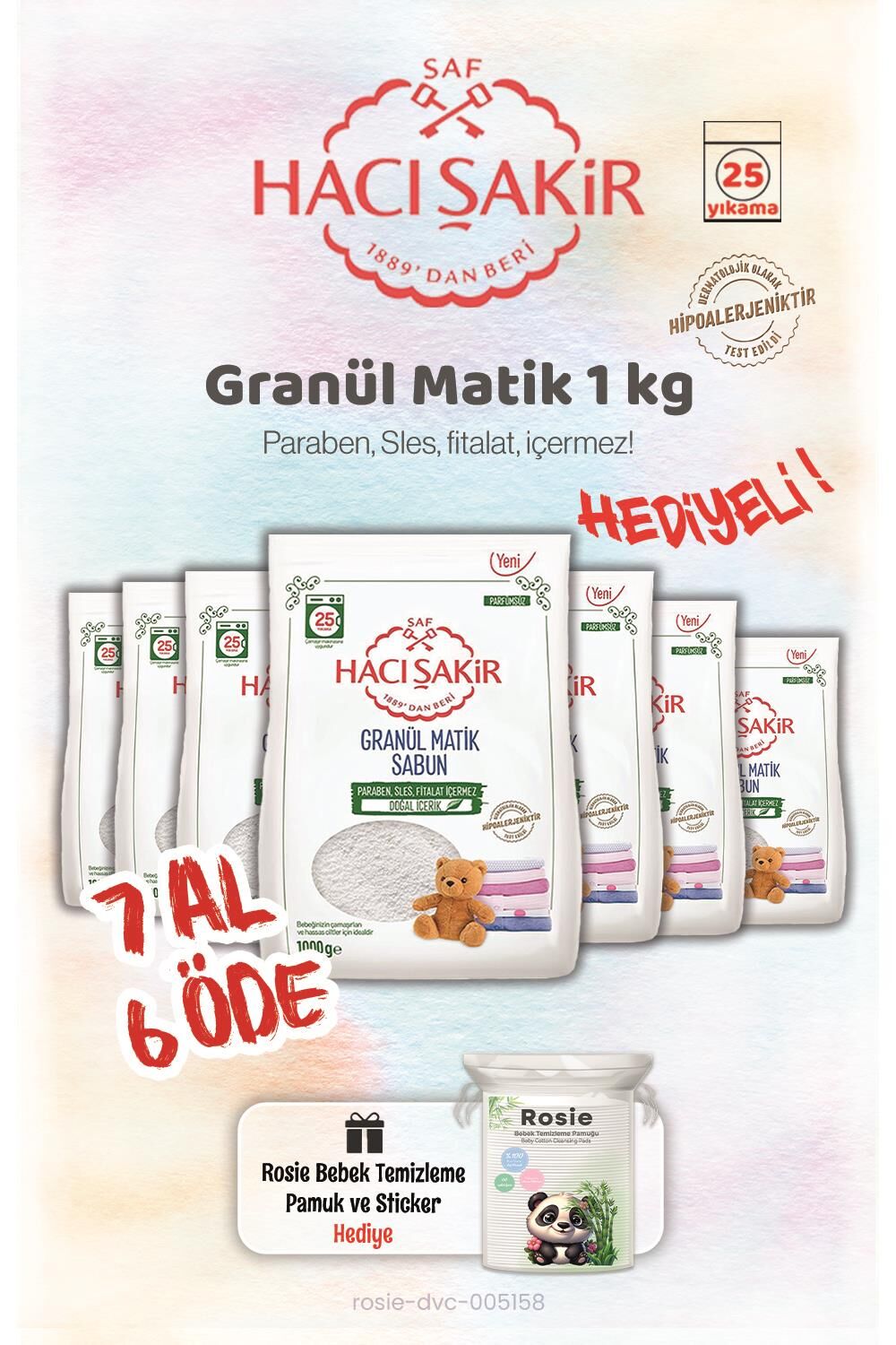 7 AL 6 ÖDE Hacı Şakir 1 kg Granül Matik Çamaşır Deterjanı ve Rosie