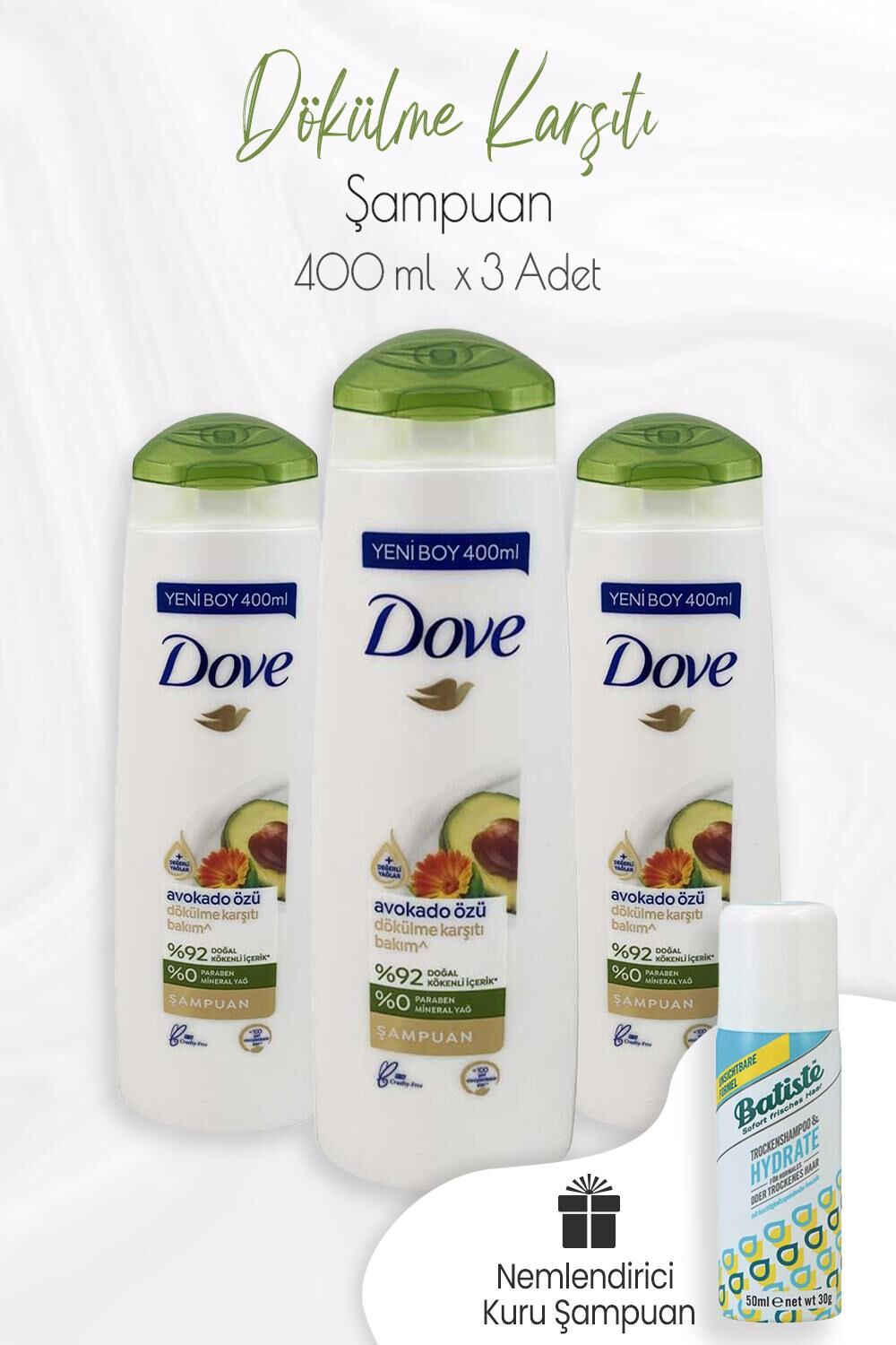 Dove Avokado Özü Dökülme Karşıtı Şampuan 400 ml x 3 Adet ve Kuru Şampuan 50 ml