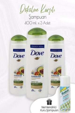 Dove Avokado Özü Dökülme Karşıtı Şampuan 400 ml x 3 Adet ve Kuru Şampuan 50 ml