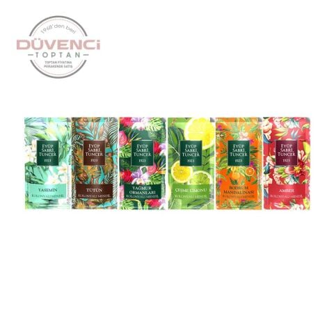 Düvenci Toptan Eyüp Sabri Tuncer Kolonyalı Mendil Paketi 6' lı (Yasemin, Tütün, Yağmur Ormanları, Çeşme Limonu, Bodrum Mandalinası, Amber)