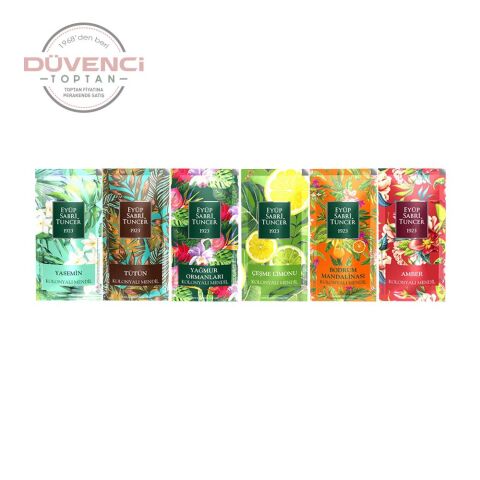 Düvenci Toptan Eyüp Sabri Tuncer Kolonyalı Mendil Paketi 6' lı (Yasemin, Tütün, Yağmur Ormanları, Çeşme Limonu, Bodrum Mandalinası, Amber)