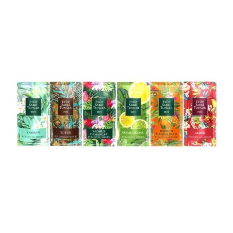 Düvenci Toptan Eyüp Sabri Tuncer Kolonyalı Mendil Paketi 6' lı (Yasemin, Tütün, Yağmur Ormanları, Çeşme Limonu, Bodrum Mandalinası, Amber)