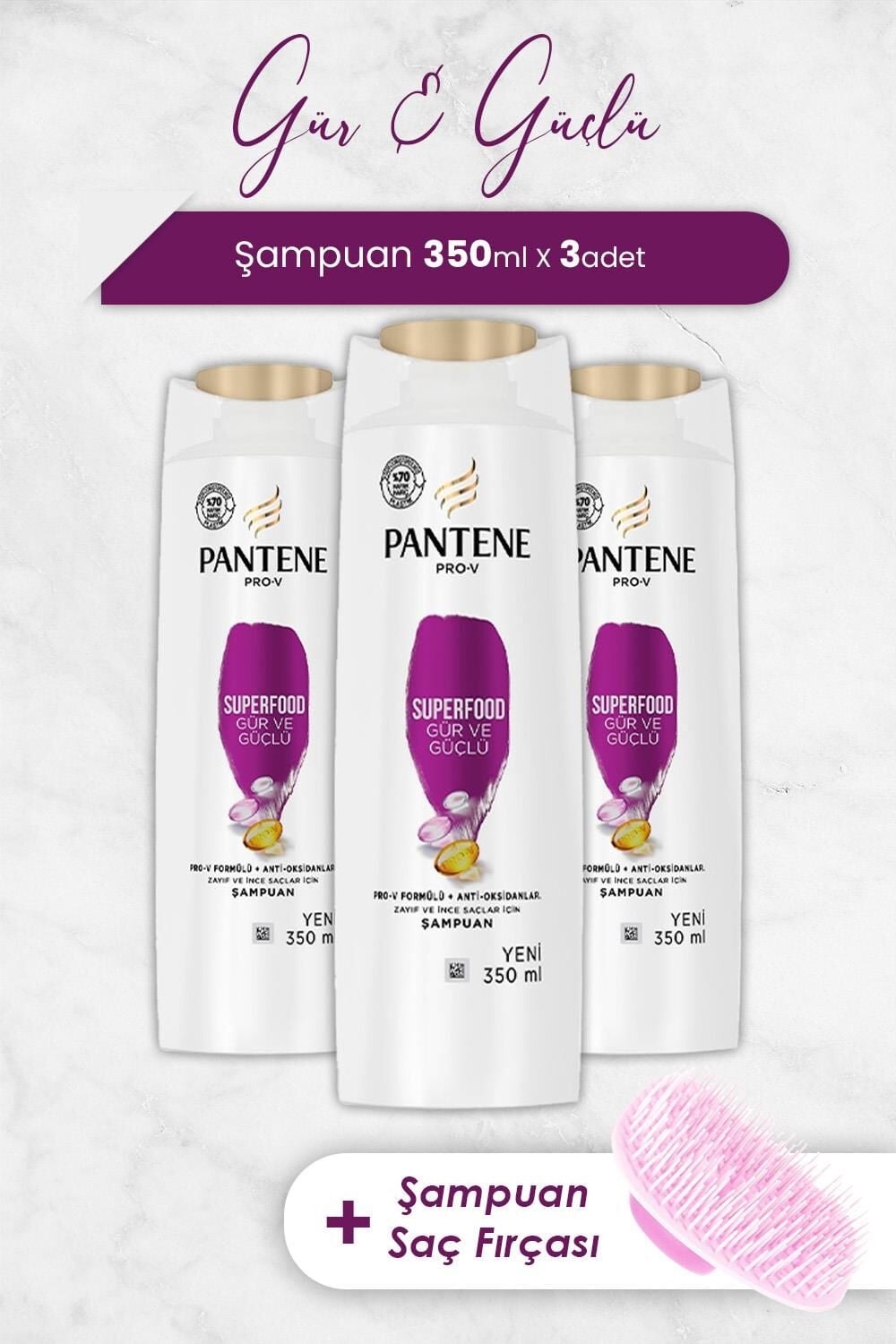 Pantene Şampuan Pro-V Superfood Gür ve Parlak Saçlar 350 ml x 3 Adet ve Şampuan Fırçası
