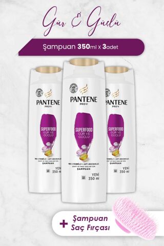 Pantene Şampuan Pro-V Superfood Gür ve Parlak Saçlar 350 ml x 3 Adet ve Şampuan Fırçası