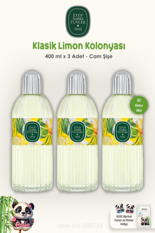 Eyüp Sabri Tuncer Klasik Limon Kolonyası Cam Şişe 3 Adet  400 ml ve ROSIE