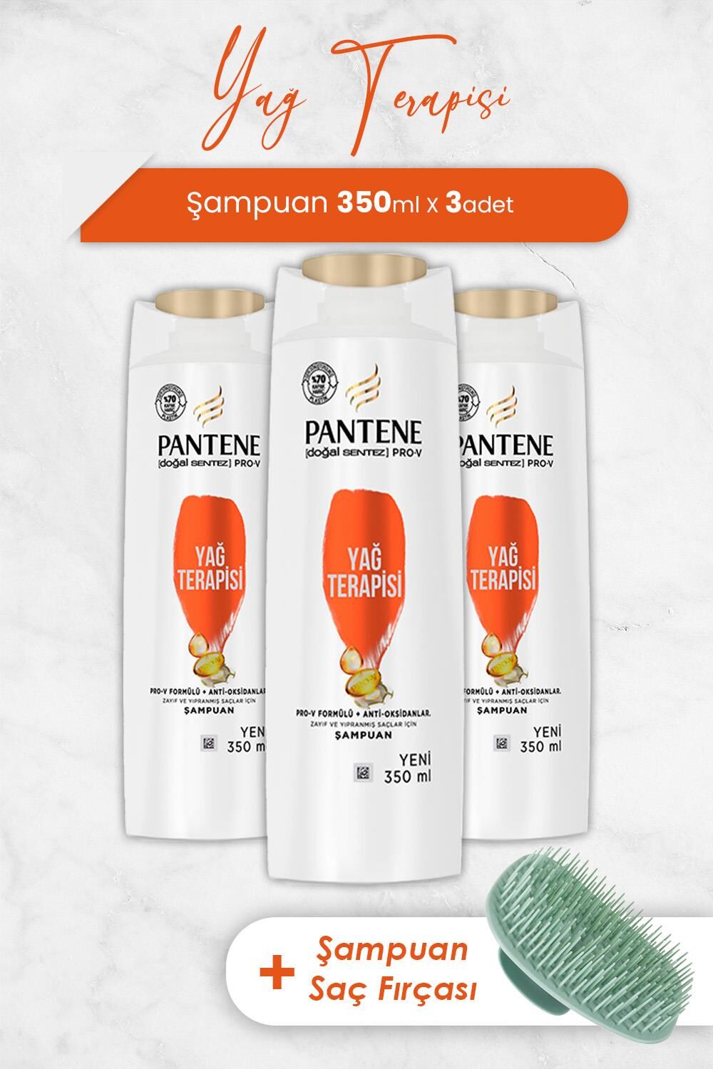 Pantene Şampuan Pro-V Doğal Sentez Yağ Terapisi 350 ml x 3 Adet ve Şampuan Fırçası