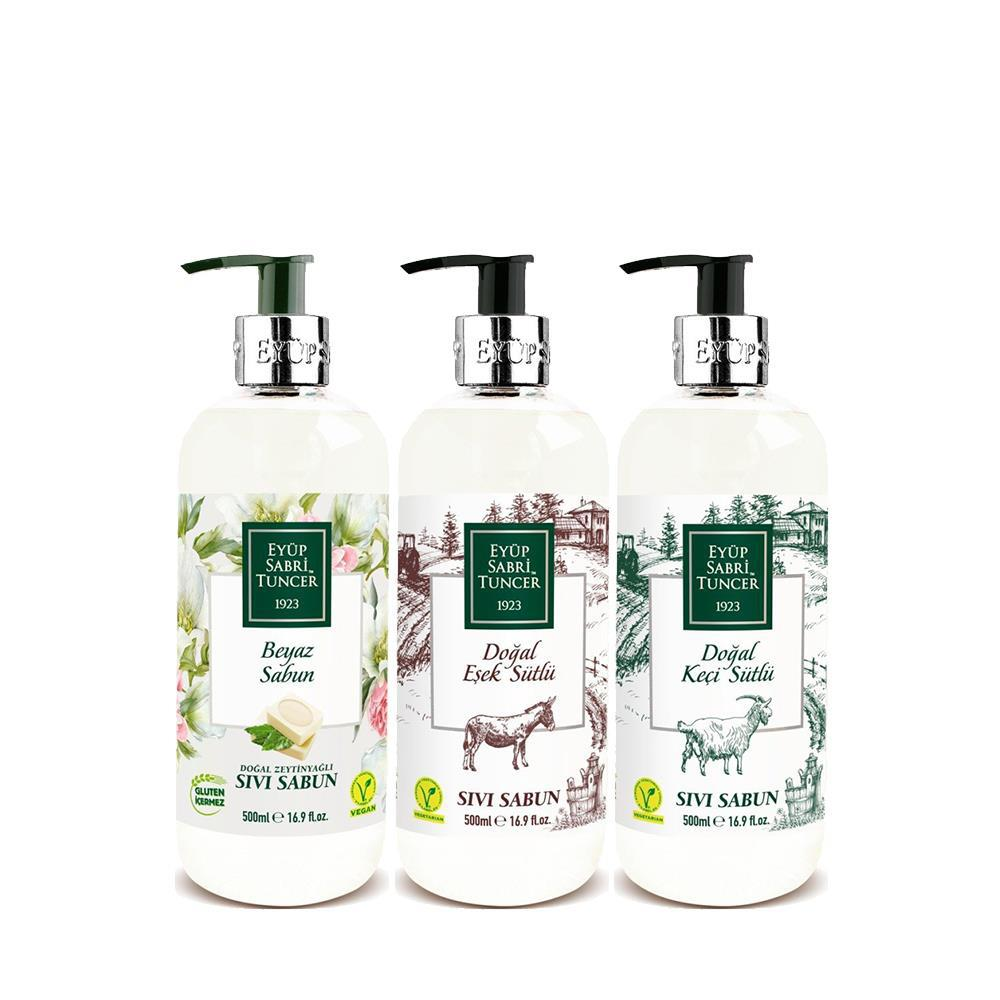 Eyüp Sabri Tuncer Düvenci Toptan Sıvı Sabun 500 ml 3' lü Model 16 (Eşek Sütü, Keçi Sütü ve Beyaz Sabun)