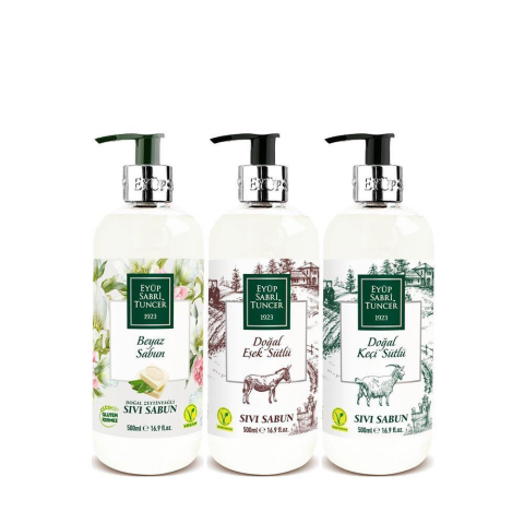 Eyüp Sabri Tuncer Düvenci Toptan Sıvı Sabun 500 ml 3' lü Model 16 (Eşek Sütü, Keçi Sütü ve Beyaz Sabun)