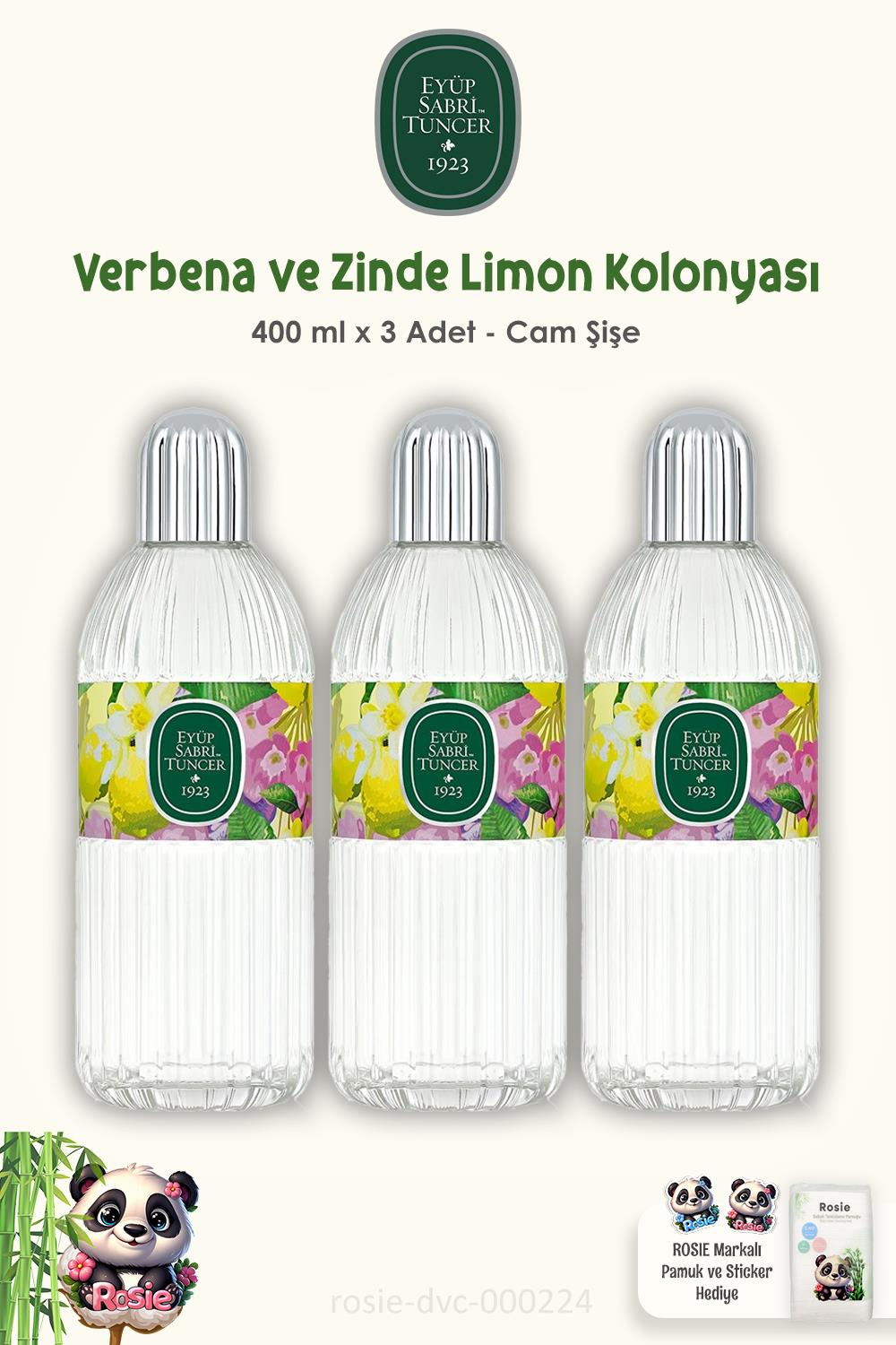 Eyüp Sabri Tuncer Verbena & Zinde Limon Kolonyası 3 Adet Cam Şişe 400 ml ve ROSIE Pamuk