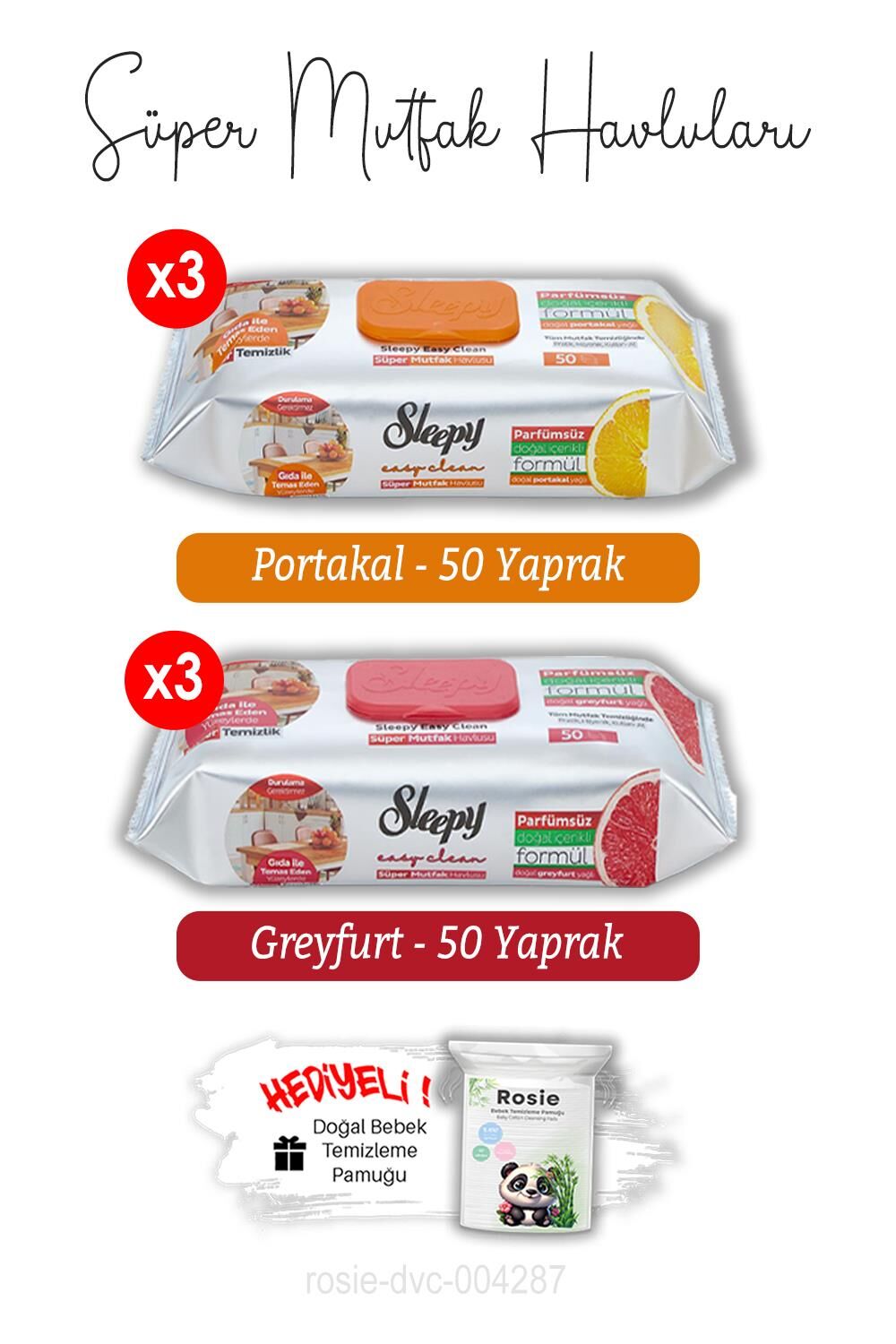 Süper Mutfak Havlusu Portakal (x3) ve Greyfurt (x3) 50'li ve ROSIE