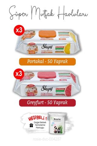 Süper Mutfak Havlusu Portakal (x3) ve Greyfurt (x3) 50'li ve ROSIE