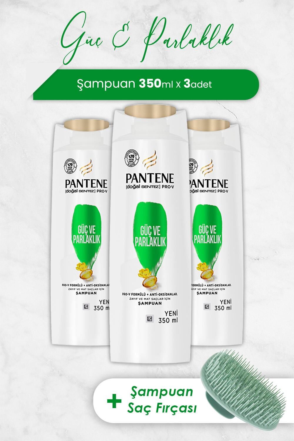 Pantene Şampuan Pro-V Doğal Sentez Güç ve Parlaklık 350 ml x 3 Adet ve Şampuan Fırçası