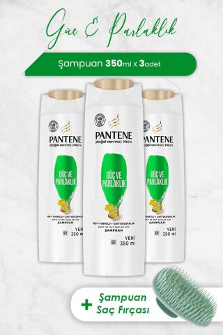 Pantene Şampuan Pro-V Doğal Sentez Güç ve Parlaklık 350 ml x 3 Adet ve Şampuan Fırçası