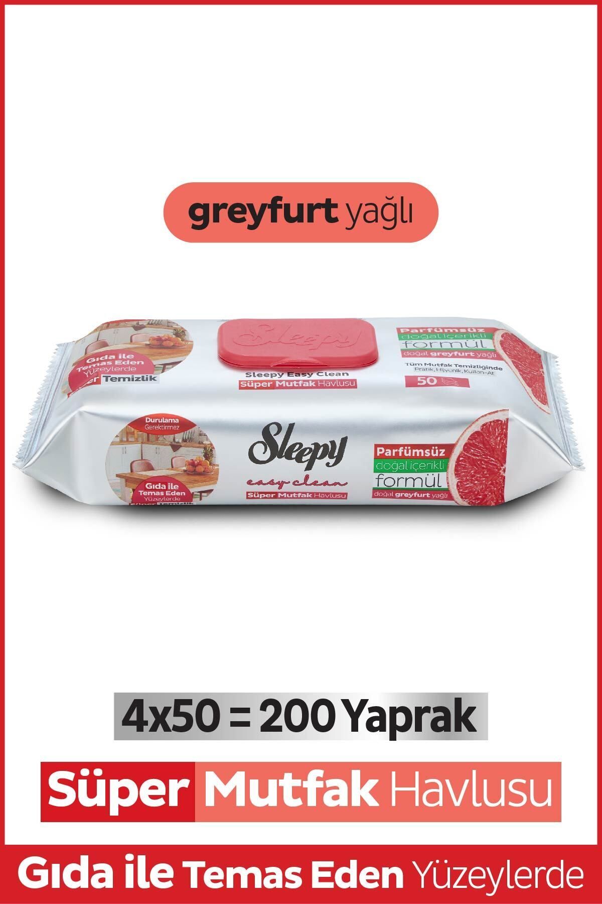 Sleepy Easy Clean Süper Yüzey Temizlik Mutfak Havlusu Greyfurt Yağlı 4x50 (200 YAPRAK)