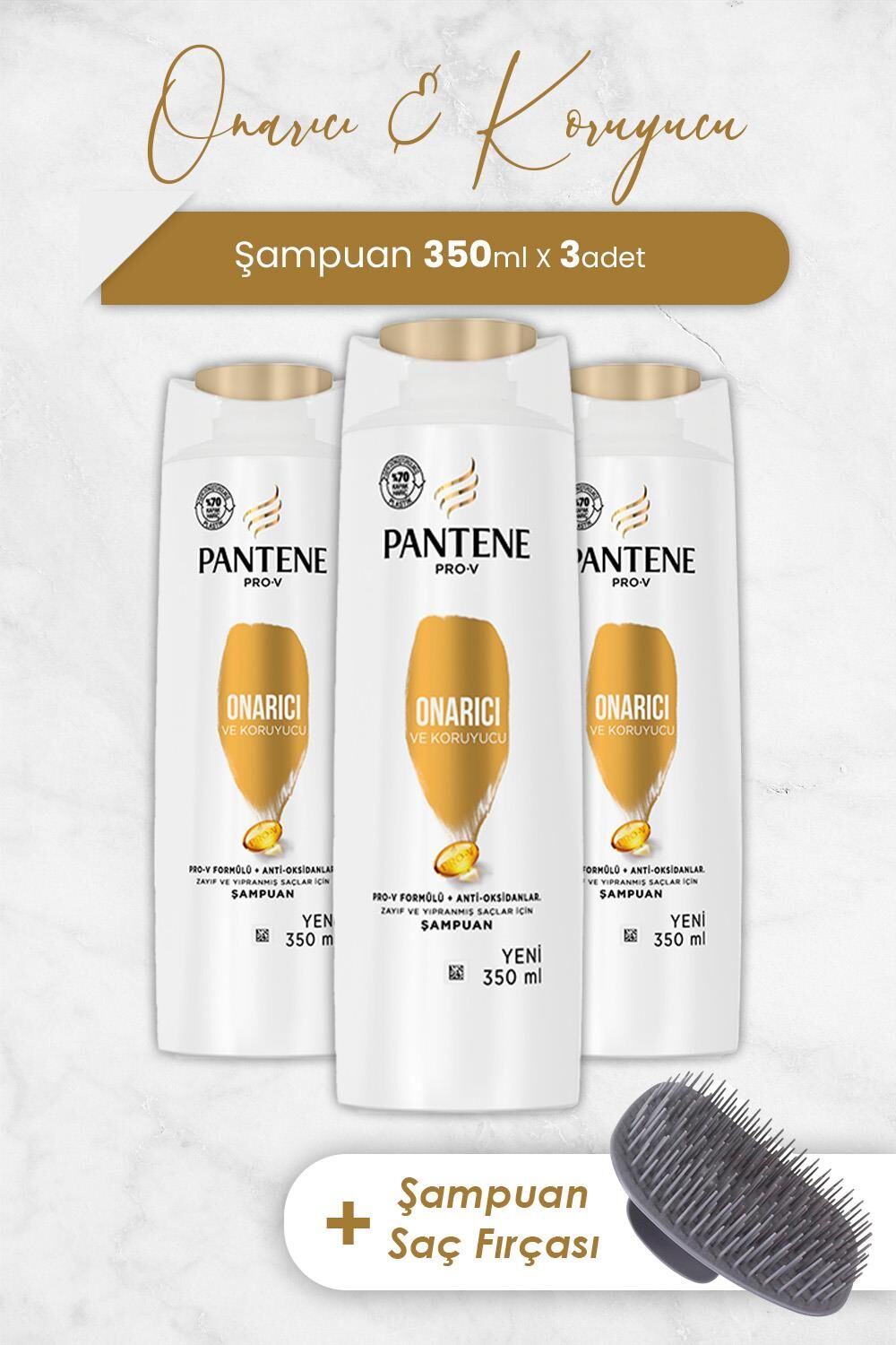 Pantene Şampuan Pro-V Onarıcı ve Koruyucu 350 ml x 3 Adet ve Şampuan Fırçası