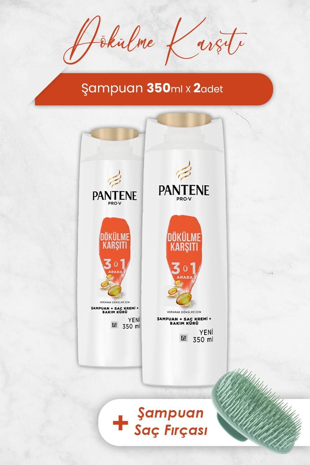 Pantene Şampuan Pro-V Dökülme Karşıtı 3' ü 1 Arada 350 ml x 2 Adet ve Şampuan Fırçası