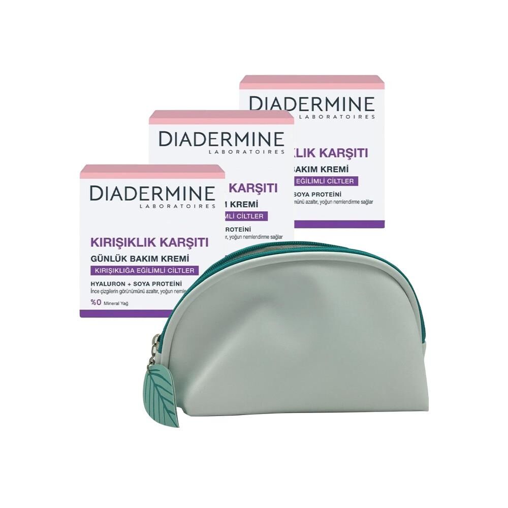 Diadermine Kırışıklık Karşıtı Günlük Bakım Kremi (Tüm Cilt Tipleri) 50 ml x 3 ve Diadermine Çanta Hediyeli