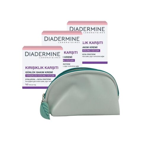 Diadermine Kırışıklık Karşıtı Günlük Bakım Kremi (Tüm Cilt Tipleri) 50 ml x 3 ve Diadermine Çanta Hediyeli