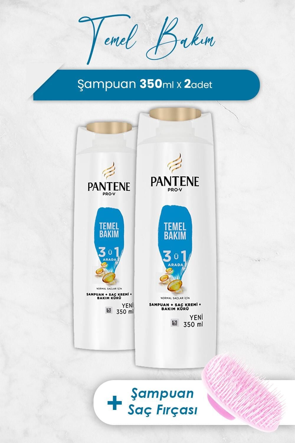 Pantene Şampuan Pro-V Temel Bakım 3'ü 1 Arada 350 ml x 2 Adet ve Şampuan Fırçası