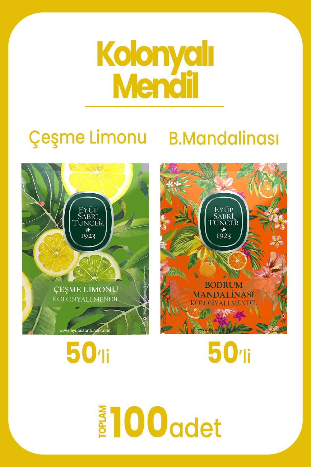 Eyüp Sabri Tuncer Çeşme Limonu 50'li ve Bodrum Mandalinası 50'li Kolonyalı Mendil