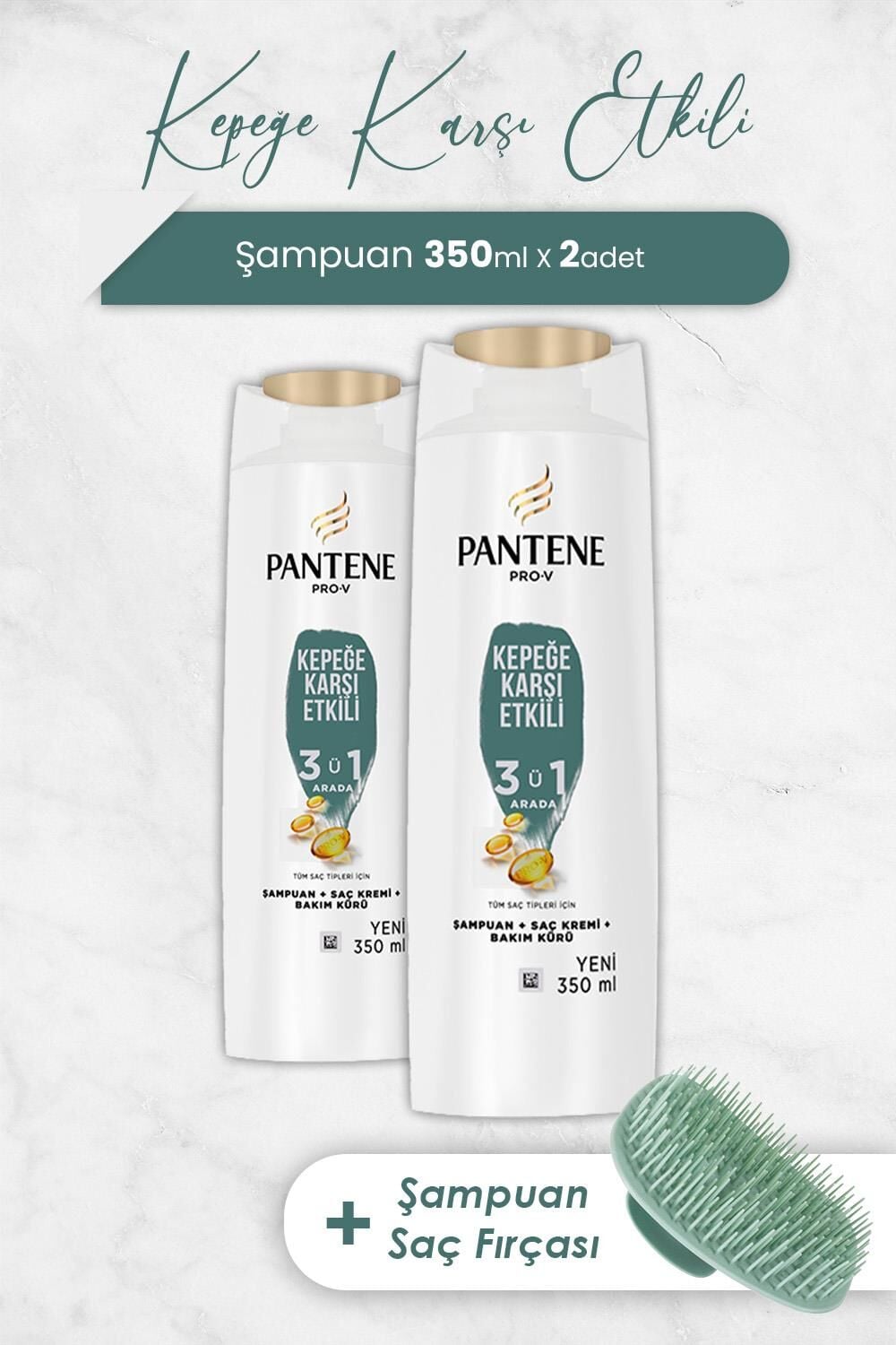 Pantene Şampuan Pro-V Kepeğe Karşı Etkili 3'ü 1 Arada 350 ml x 2 Adet ve Şampuan Fırçası