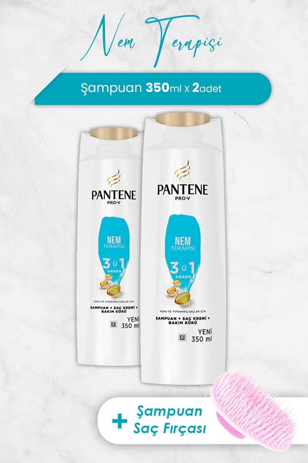 Pantene Şampuan Pro-V Nem Terapisi 3'ü 1 Arada 350 ml x 2 Adet ve Şampuan Fırçası