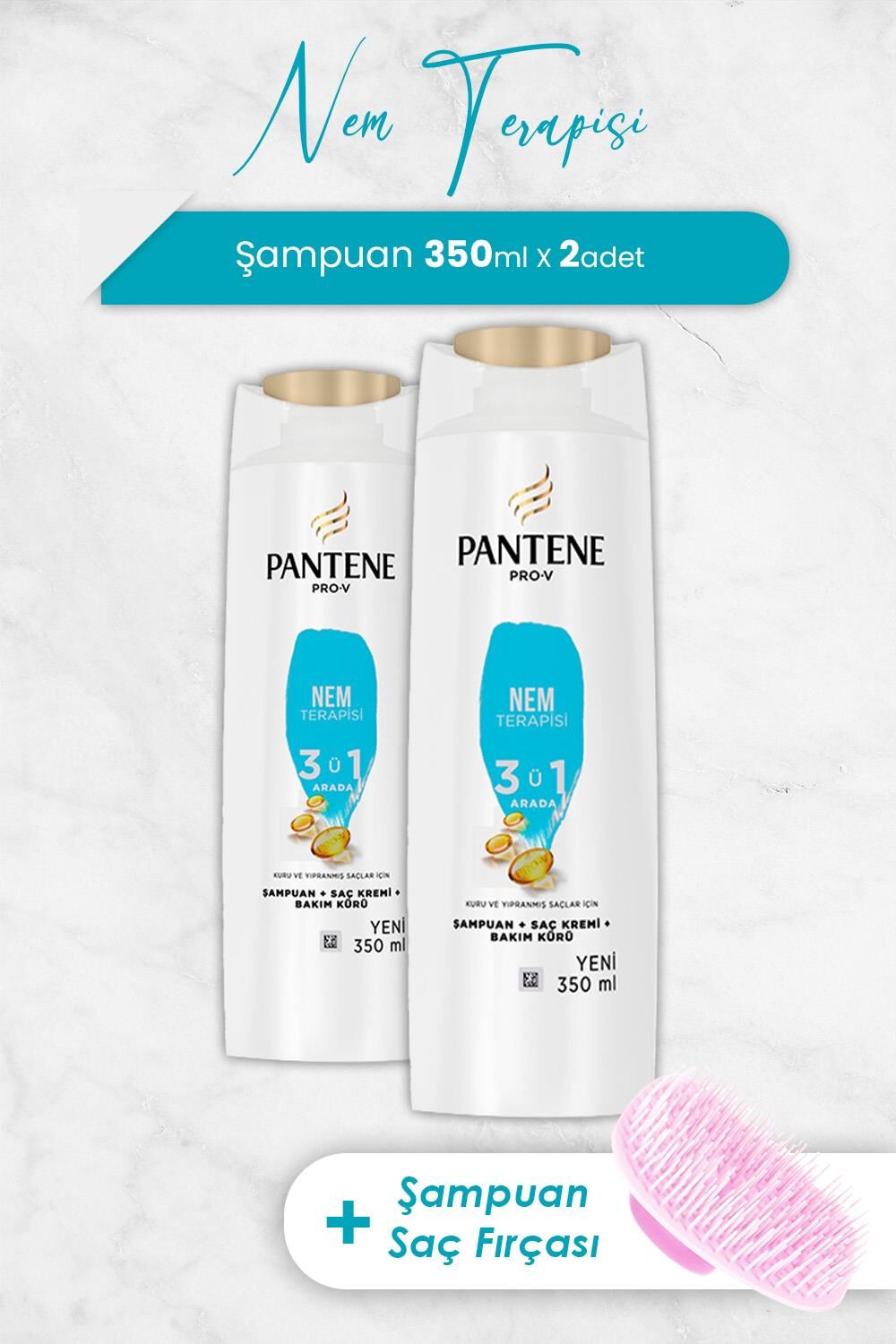 Pantene Şampuan Pro-V Nem Terapisi 3'ü 1 Arada 350 ml x 2 Adet ve Şampuan Fırçası
