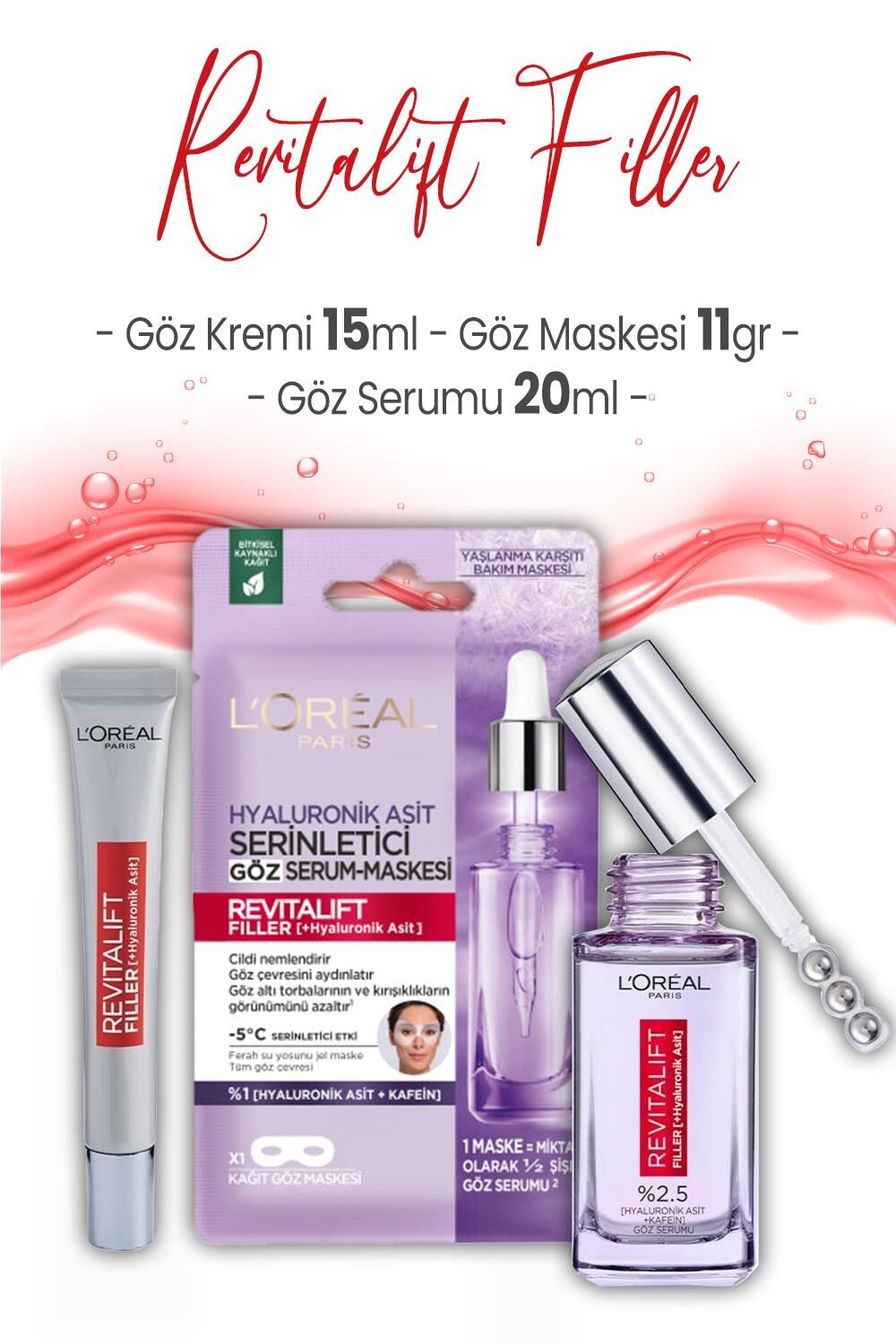Loreal Paris Revitalift Filler Göz Serumu 20 ml, Kremi 15 ml ve Maskesi 11 gr