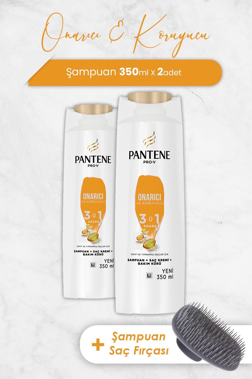 Pantene Şampuan Pro-V Onarıcı ve Koruyucu 3'ü 1 Arada 350 ml x 2 Adet ve Şampuan Fırçası