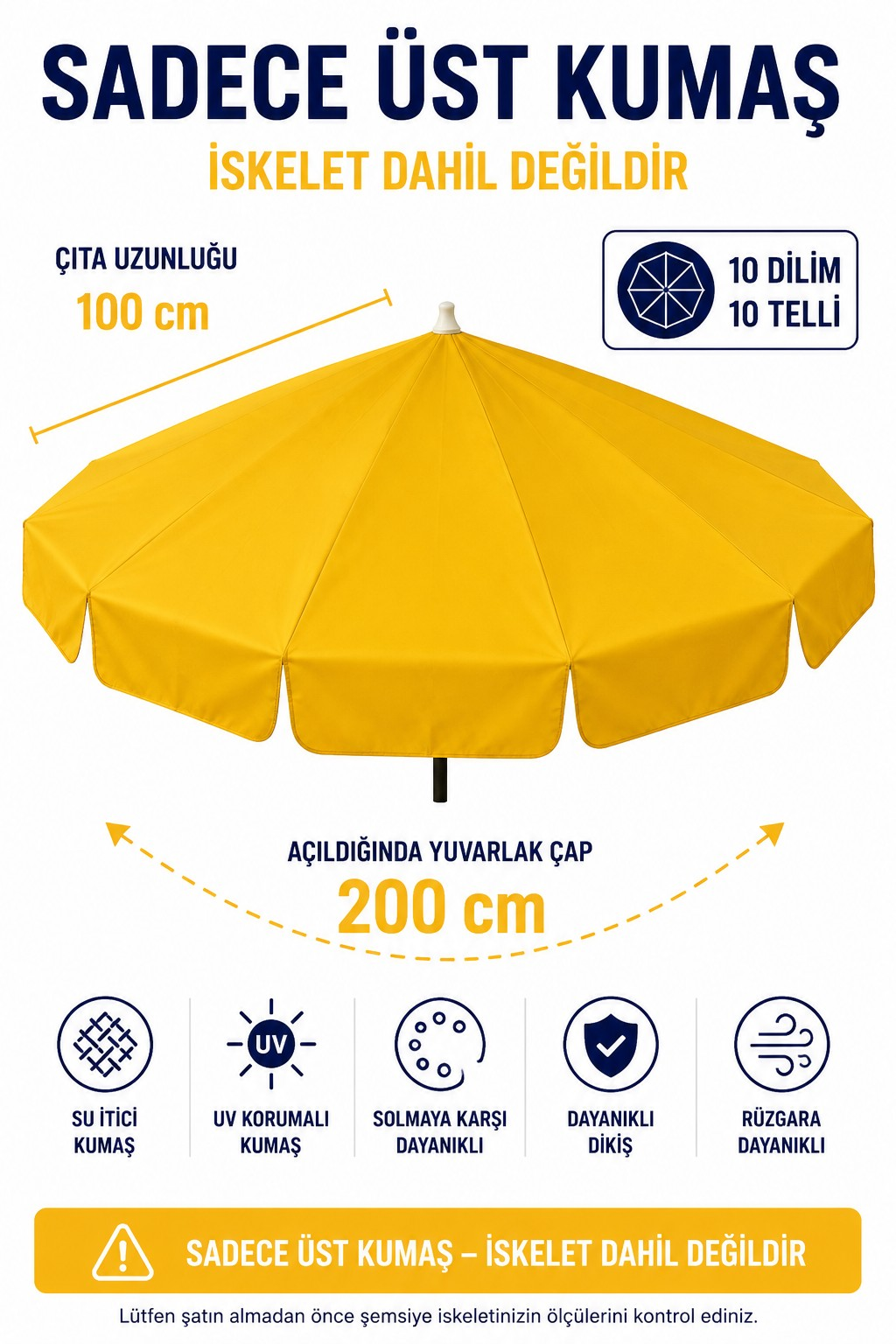 Sarı Polyester Kumaş, 10 telli 200 cm Çap (Plaj Şemsiyesiyle Uyumlu)