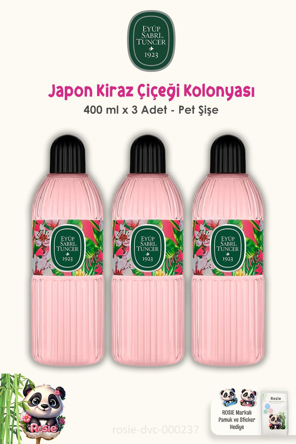 Eyüp Sabri Tuncer Japon Kiraz Çiçeği Kolonyası Pet Şişe 3'lü 400 ml ve ROSIE Pamuk