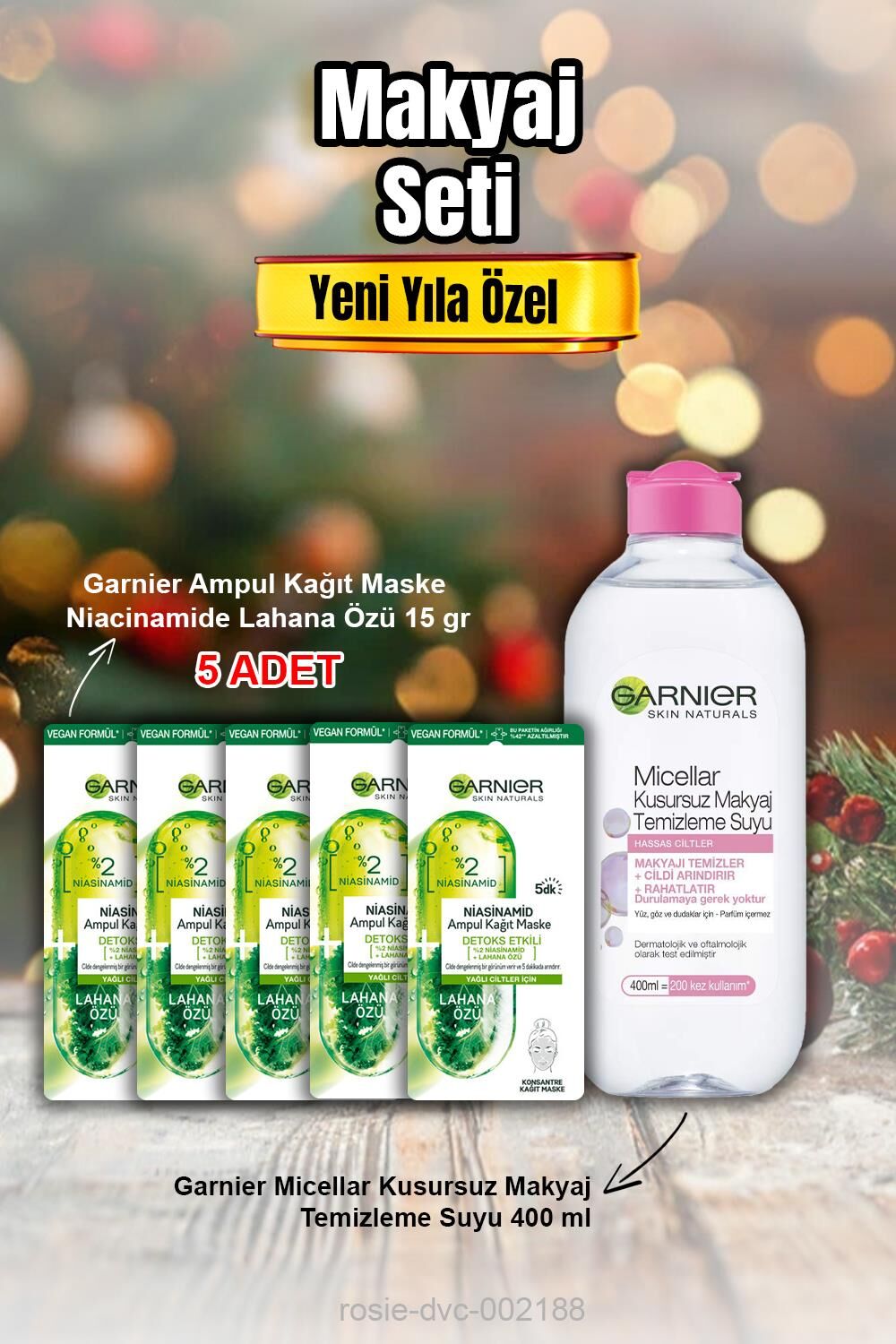 Ampul Kağıt Maske Niacinamide Lahana Özü X 5 ve Micellar Makyaj Temizleme Suyu