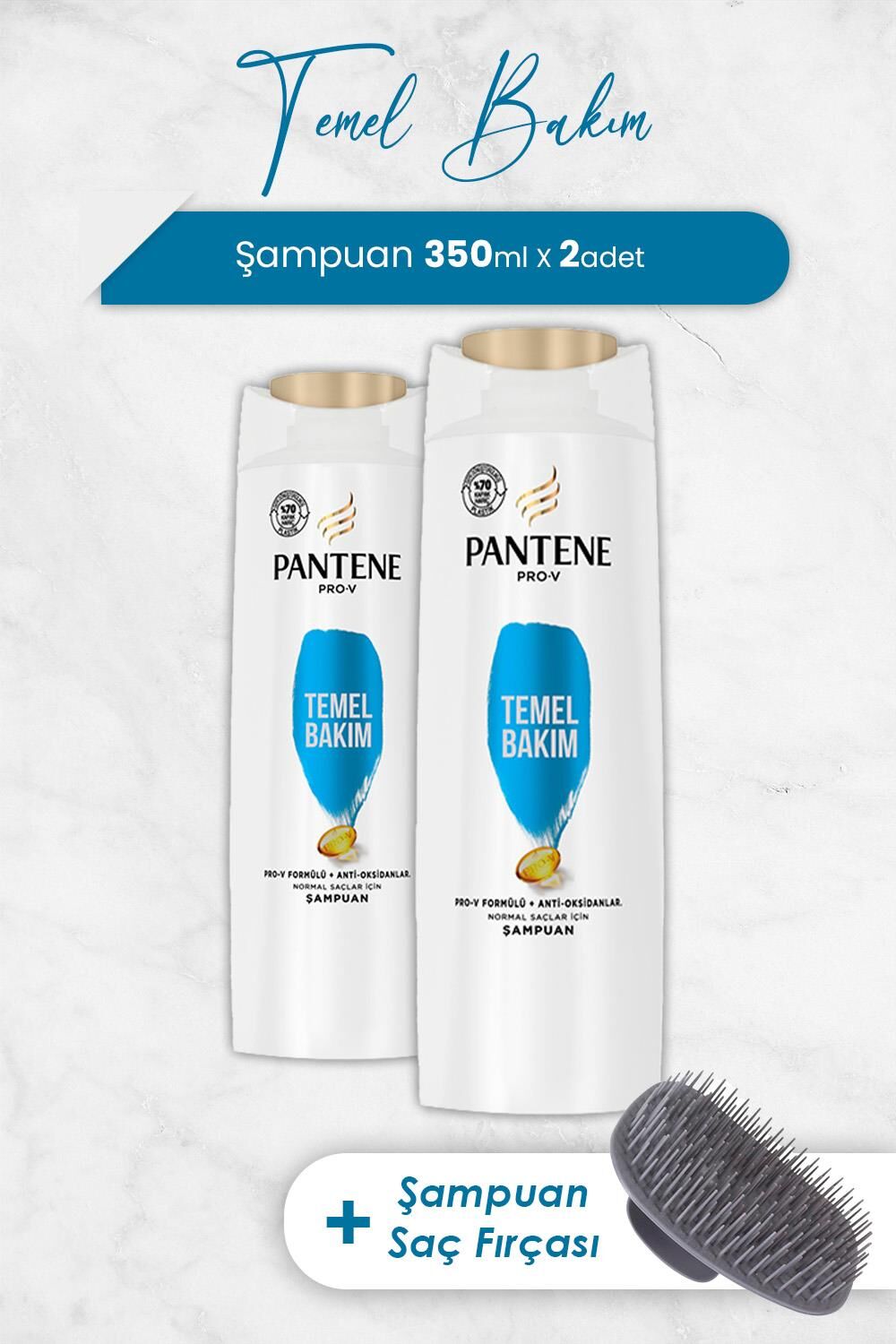 Pantene Şampuan Pro-V Temel Bakım 350 ml x 2 Adet ve Şampuan Fırçası