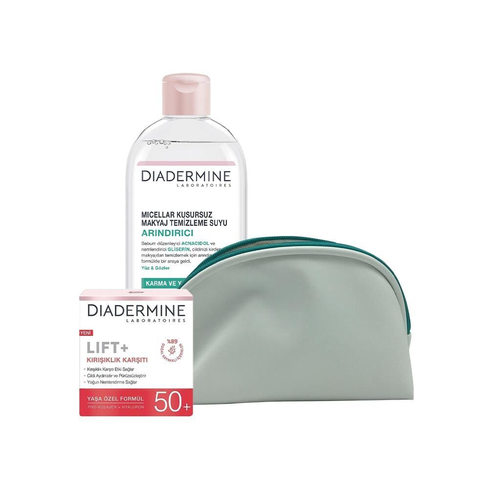 DIADERMINE Micellar Makyaj Temizleme Suyu 400 ml, Kırışıklık Karşıtı Krem ve Diadermine Çanta Hediyeli