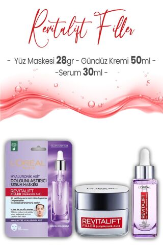 Loreal Paris Revitalift Filler Gündüz Kremi 50 ml, Serum 30 ml ve Maske 28 gr