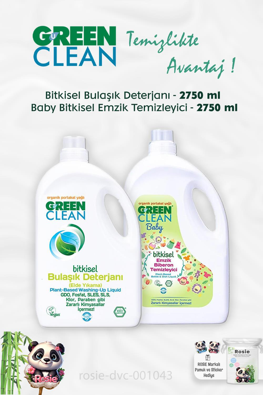 Green Clean Bulaşık Deterjanı Portakal Yağlı 2750 ml, Baby Emzik Temizleyici ve ROSIE