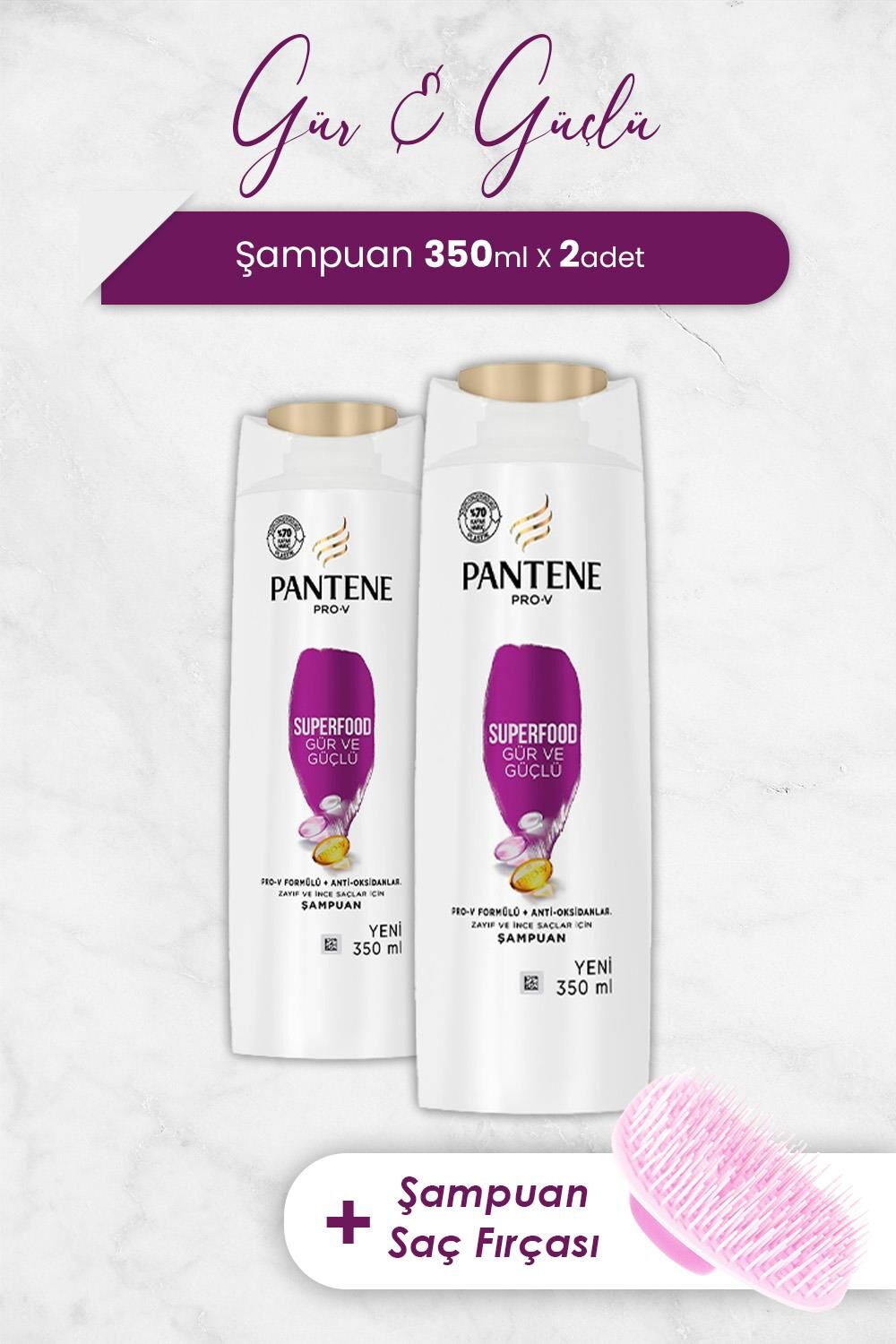 Pantene Şampuan Pro-V Superfood Gür ve Parlak Saçlar 350 ml x 2 Adet ve Şampuan Fırçası