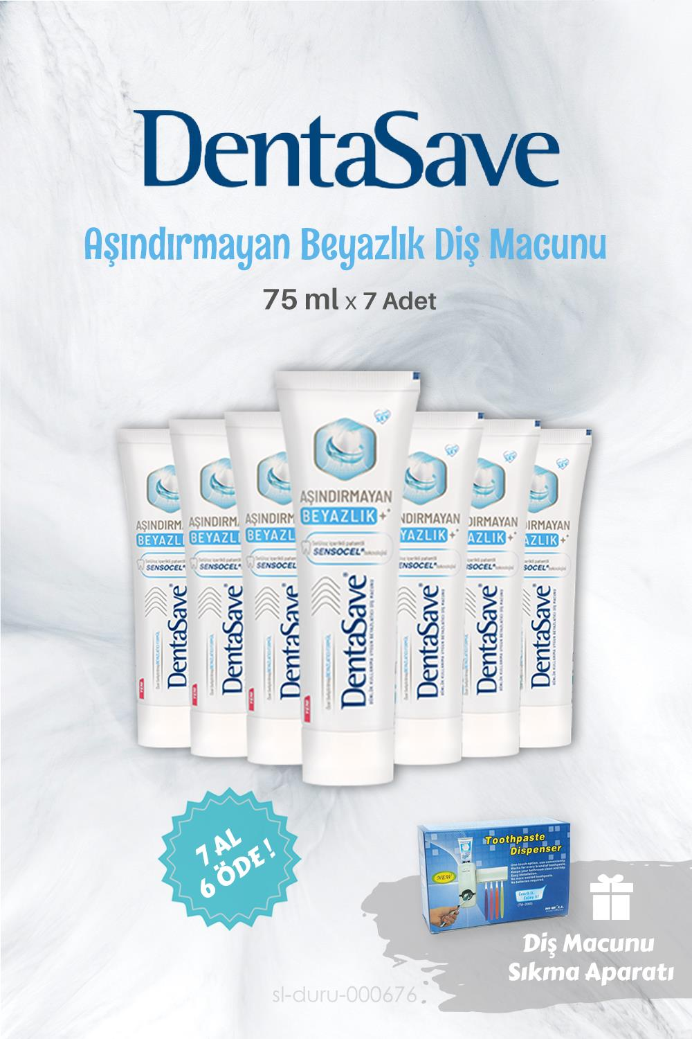 DentaSave Aşındırmayan Beyazlık Diş Macunu 7 AL 6 ÖDE 75 ml ve Diş Macunu Sıkma Aparatı