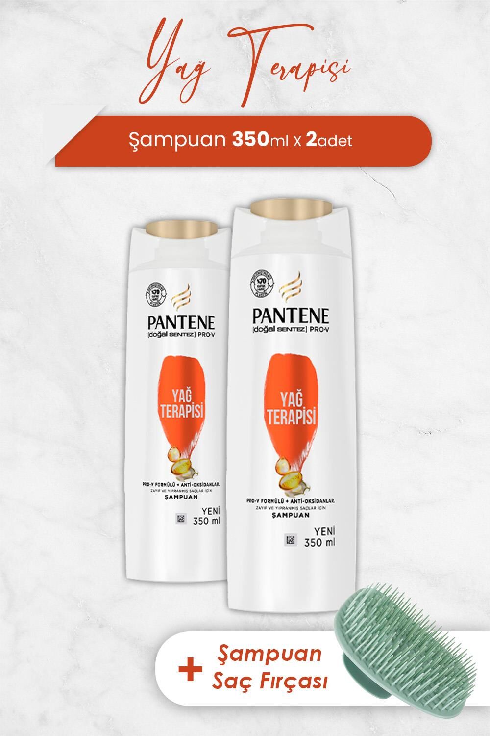 Pantene Şampuan Pro-V Doğal Sentez Yağ Terapisi 350 ml x 2 Adet ve Şampuan Fırçası