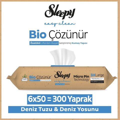 Sleepy Bio Çözünür Yüzey Temizlik Havlusu Deniz Tuzu&Yosun 6x50 (300 Yaprak)