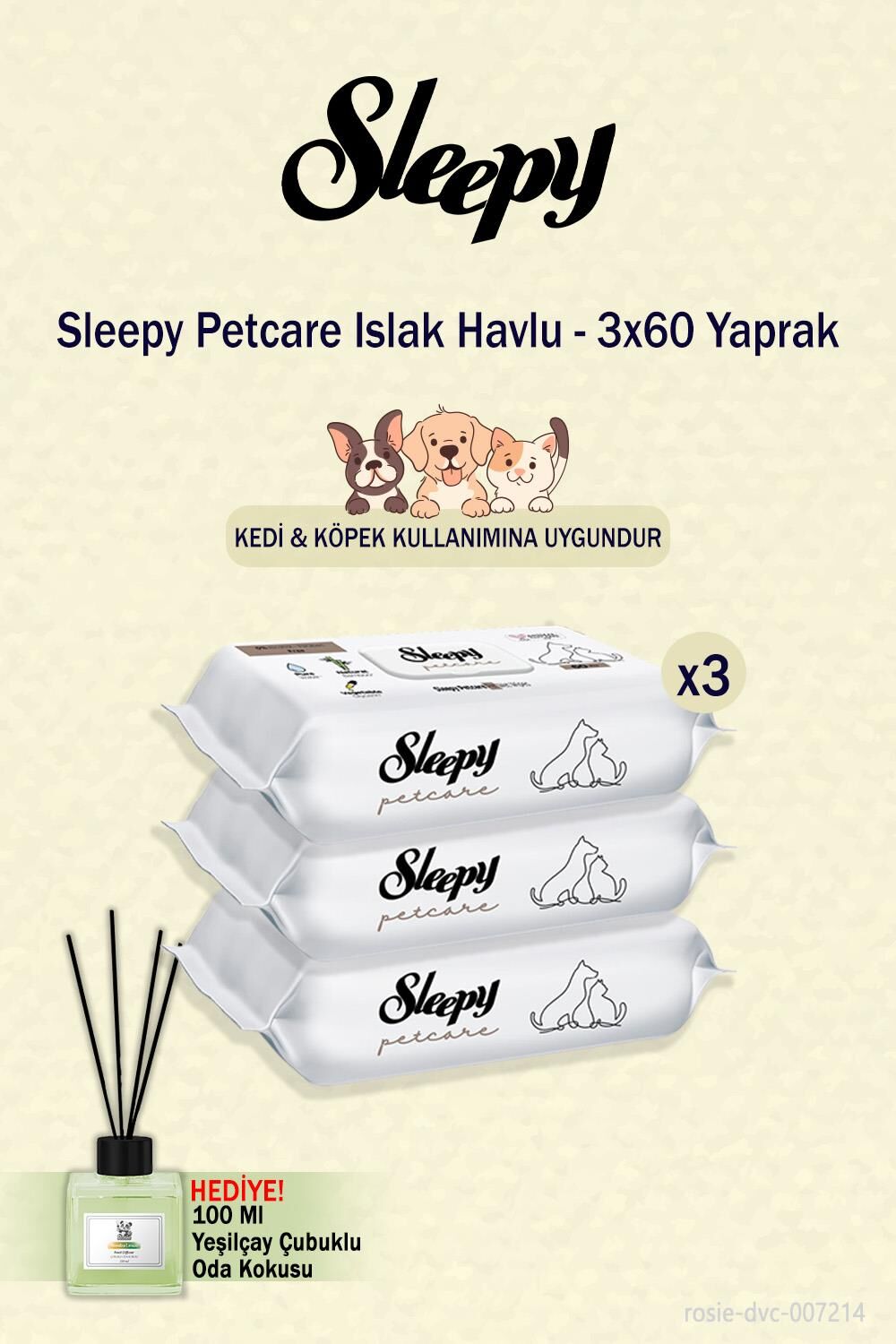 Sleepy 60'lı Petcare Islak Havlu 3 paket ve oda kokusu hediye
