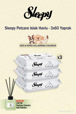 Sleepy 60'lı Petcare Islak Havlu 3 paket ve oda kokusu hediye