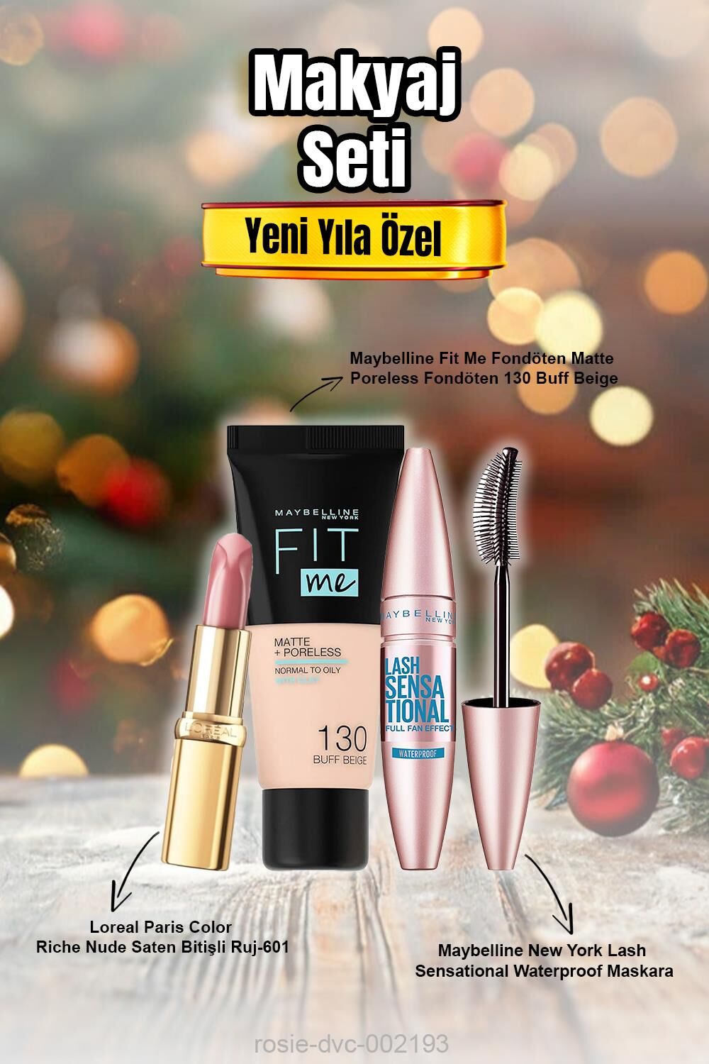 Maybelline  Fit Me Fondöten 130 Buff Beige, Lash Sensational Waterproof Maskara, Riche Nude Saten Bitişli Ruj
